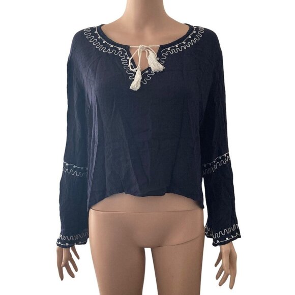 Band of Gypsies Blouse Womens Large Navy White Embroidered Tunic Bell Sleeve - Picture 8 of 8